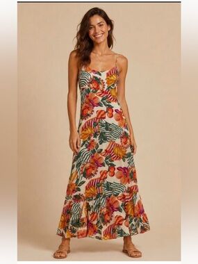 Anthropologie Paper Heart  Floral Tropical Maxi Dress in Cream and Orange